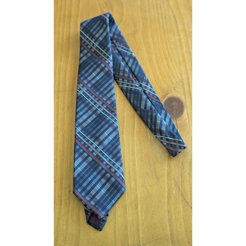 Vintage‎ Sears Perma-Prest Navy Blue Burgundy Plaid Men's Necktie Fashion Coll